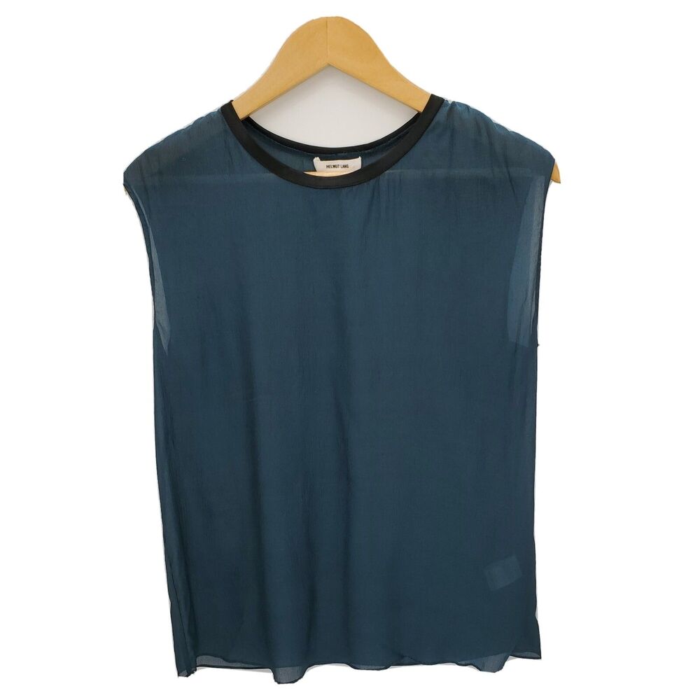 Helmut Lang Womens Sleeveless Roundneck Blouse Silk Gliss Fabric Blue Size Small
